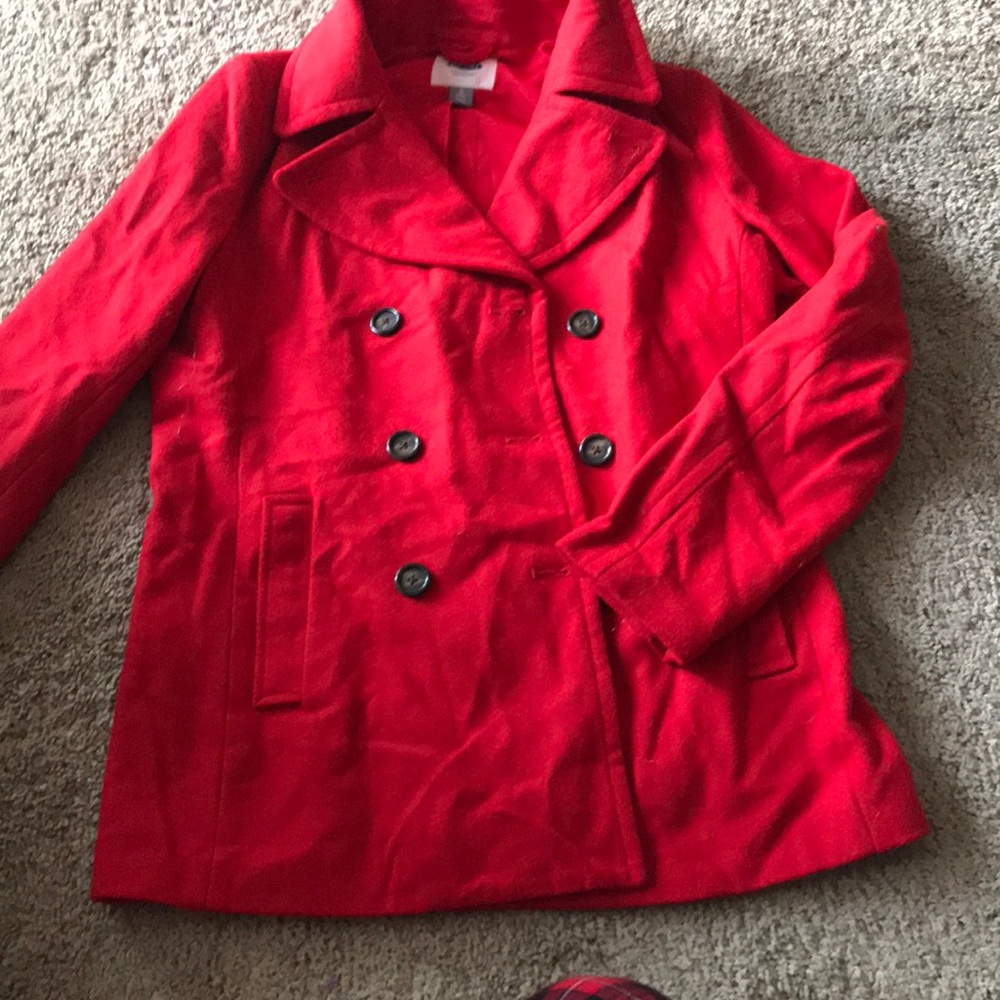 TALL red wool winter pea coat!